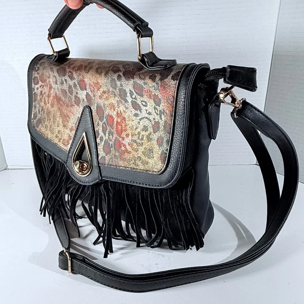 Femina Fringe Leopard Print Black Handbag Gold Interior Detachable Strap - Picture 3 of 16